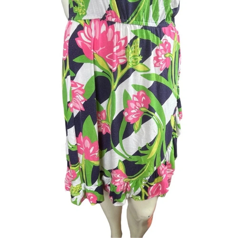 Lilly Pulitzer Strapless Flor Faux Wrap Dress Navy Pink Jumping the Line Large - Picture 4 of 11